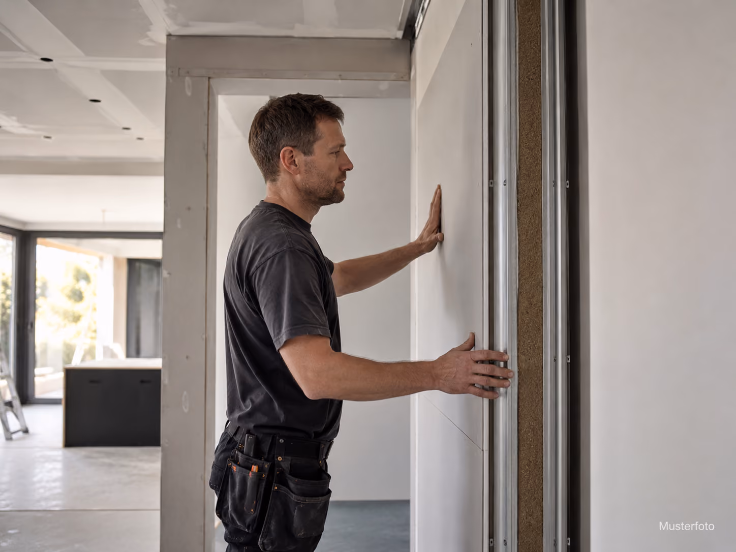 Musterfoto: Handwerker setzt eine Trockenbauplatte an ein Metallstaenderwerk mit sichtbarer Daemmung.