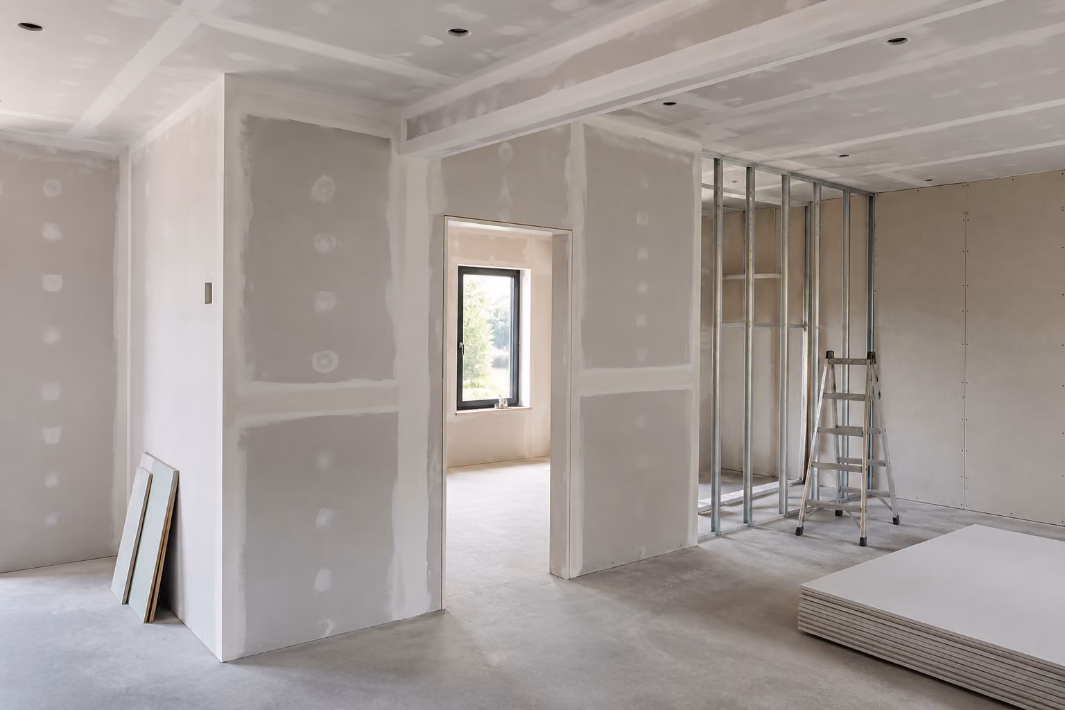 Gestaltungsbeispiel: Innenausbau mit verspachtelten Trockenbauwaenden und sichtbarem Metallstaenderwerk.