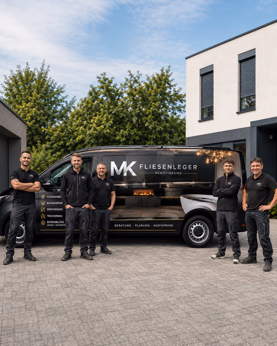 Das Team von MK Fliesenleger & Renovierung vor dem beschrifteten Firmenfahrzeug des Betriebs.